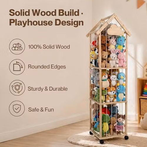 Levede Natural Pine Plush Toy Storage Holder with Lockable Wheels, W/D/H: 150 x 40 x 40 cm – 3