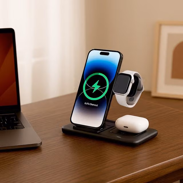 Livingandhome 15W 3-in-1 Fast Wireless Charging Station for Apple Devices, Black