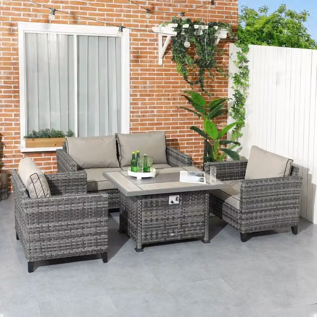 Outsunny 5 Piece Modern Grey Rattan Patio Garden Gas Fire Pit Furniture Set