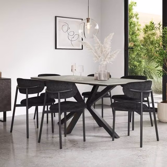 More4Homes Juno Light Grey Ceramic Rectangular Dining Table and 8 Myla Black Linen Chairs, W/D/H: 180 x 90 x 75 cm