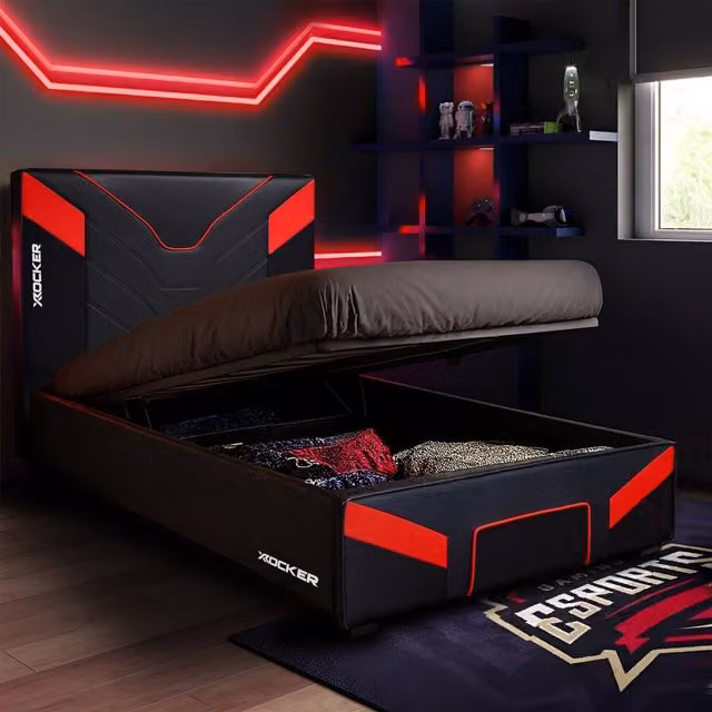 X Rocker Cerberus MKII Upholstered Ottoman Bed Frame for Kids and Teens in Red or Blue, W/D/H: 90 x 190 x 96 cm