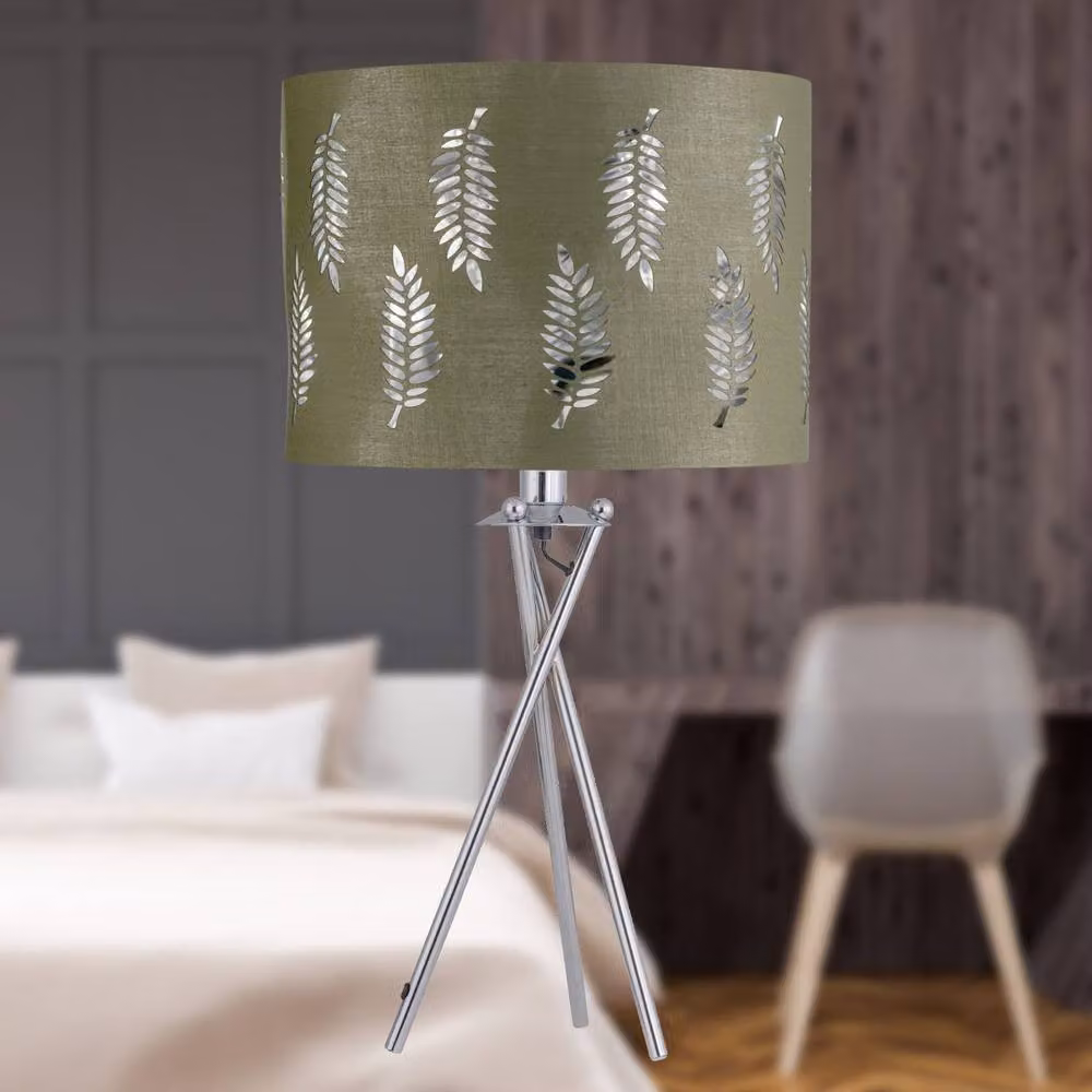 First Choice Lighting Set of 2 Silver Tripod Table Lamps with Sage Green Fern Cut Out Fabric Shades – 3