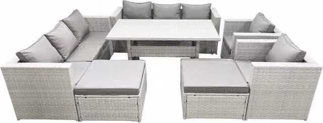 Fimous 8 Seater Rattan Garden Furniture Set in Light Grey with Dining Table, 2 Chairs and 2 Footstools