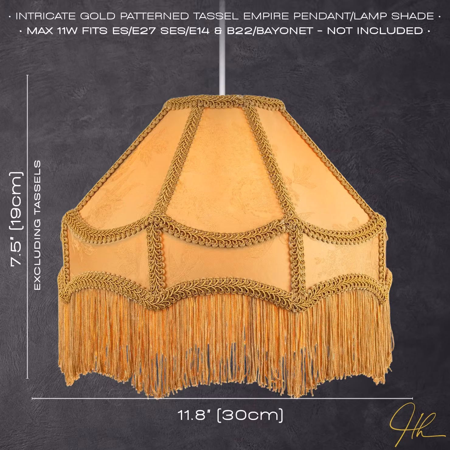 Happy Homewares Gold Faux Silk Victorian Lamp Shade with Textured Floral Decor and Long Tassels – 3