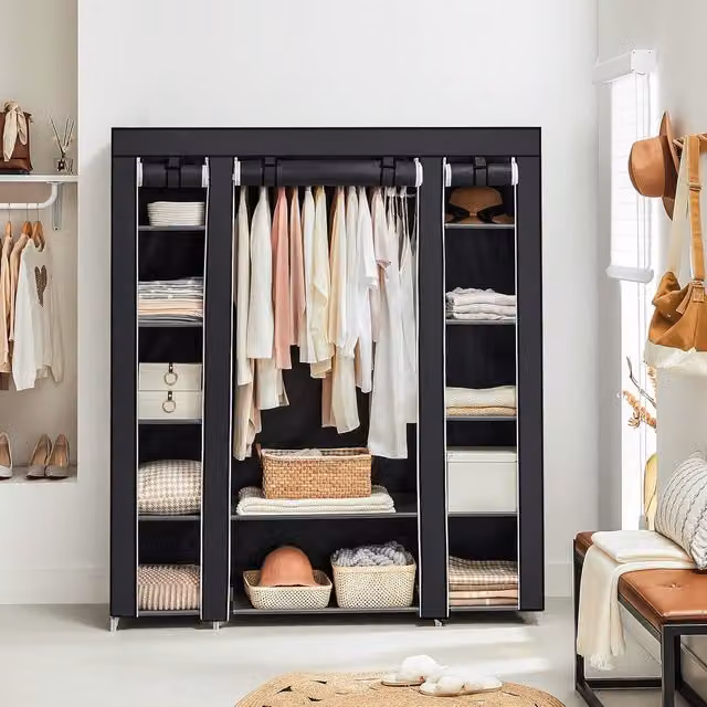 The Bazaarist Portable Fabric Wardrobe with Metal Frame and Black Clothes Storage Sections
