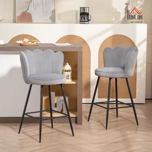 HOMCOM Set of 2 Modern Velvet Bar Stools with Metal Legs in Grey – 2