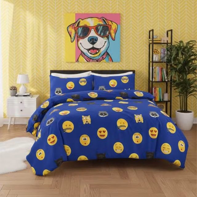 Snug City Emoji Print Duvet Cover and Pillowcase Set in Blue, W: 140 cm, H: 200 cm