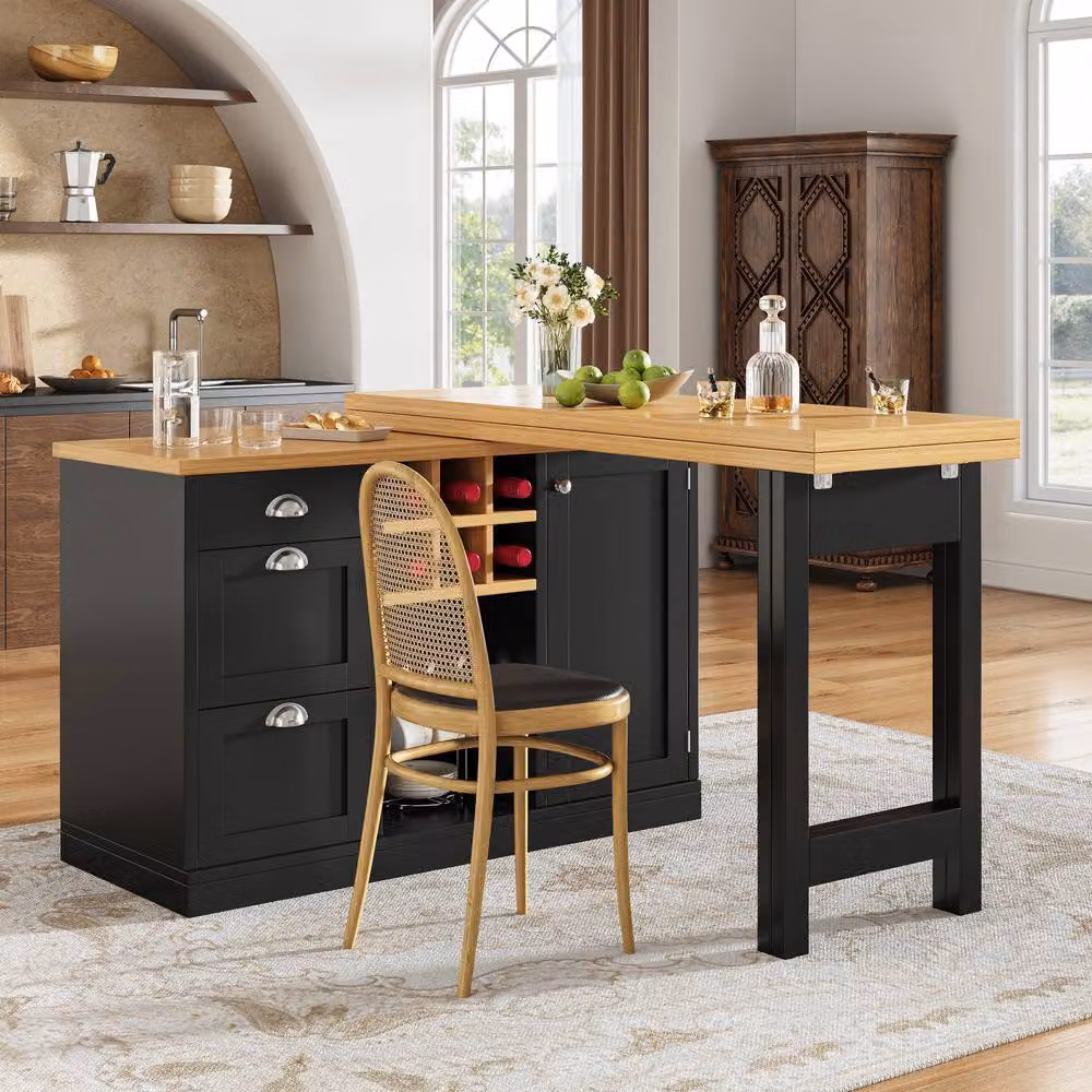 Merax Kitchen Island Sideboard with Extendable Dining Table and Wine Rack, Black, W/D/H: 120 x 40 x 74 cm – 1