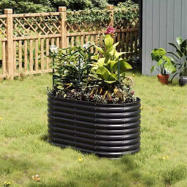 Livingandhome Oval Galvanised Steel Raised Garden Bed in Anthracite, W: 160 cm, D: 80 cm