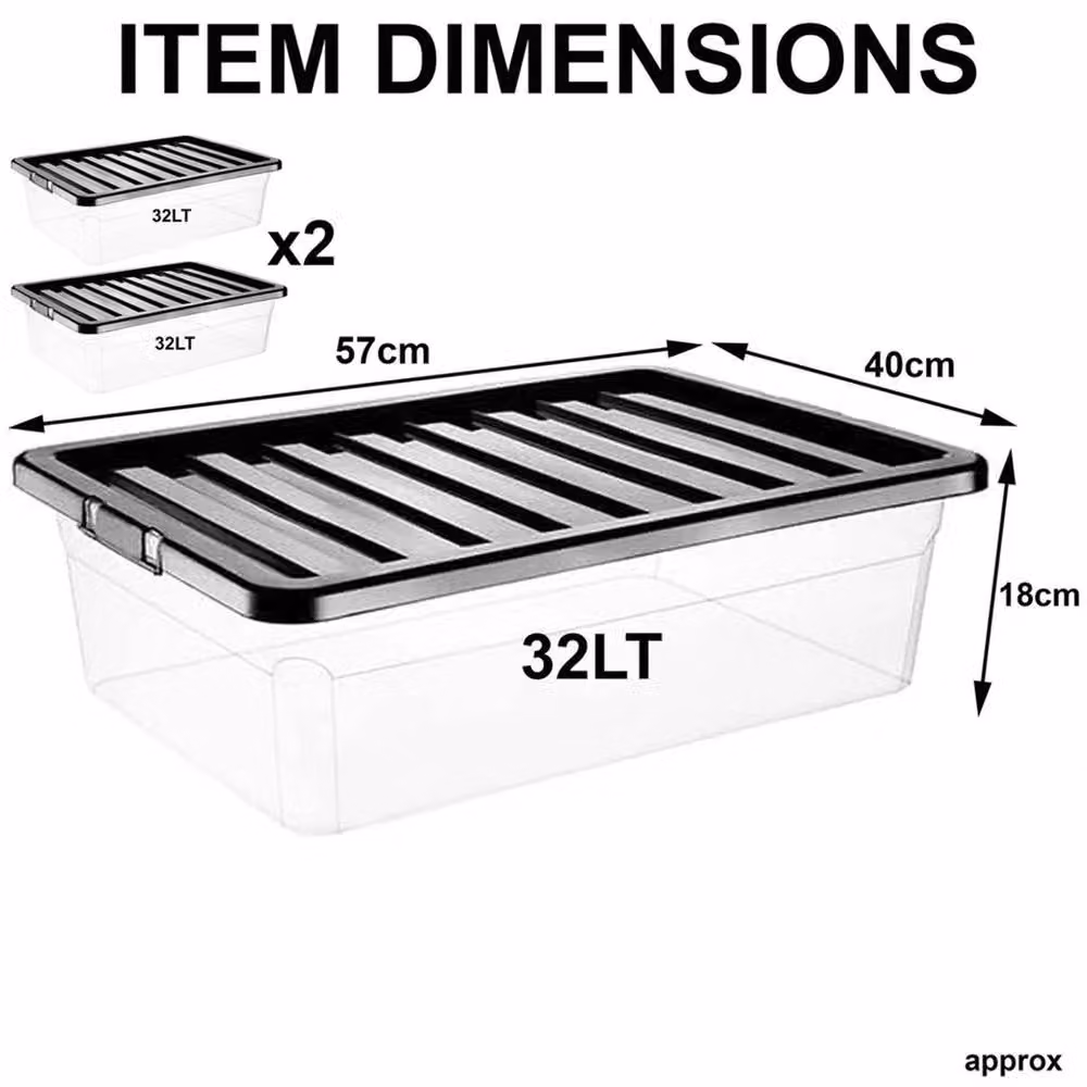 SPETLEK Set of 2 Stackable Underbed Storage Boxes with Lids, Black and Transparent, 32L Each – 2