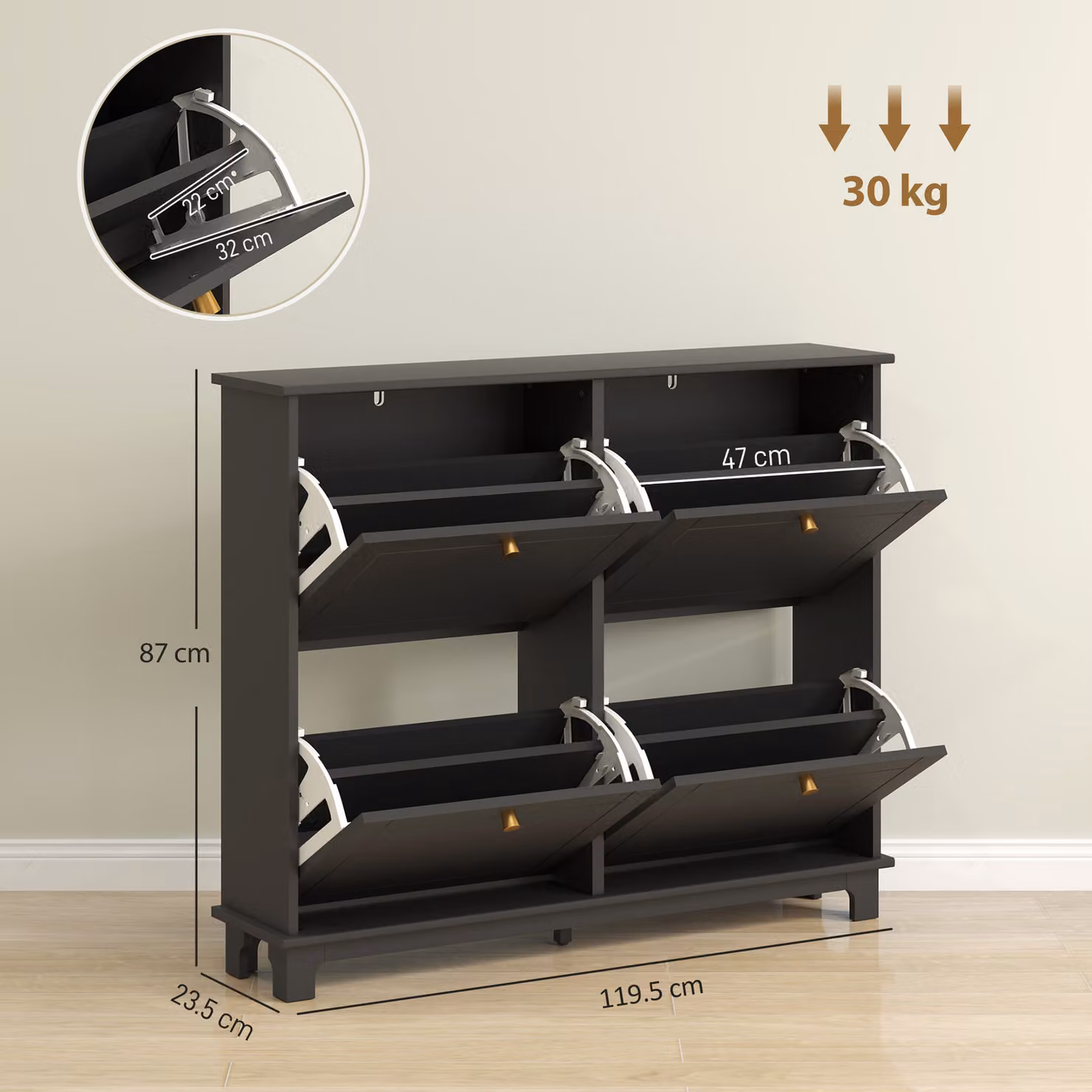 HOMCOM Modern Slim Shoe Storage Cabinet in Black and Gold with 4 Tilting Compartments and Internal Shelves – 3