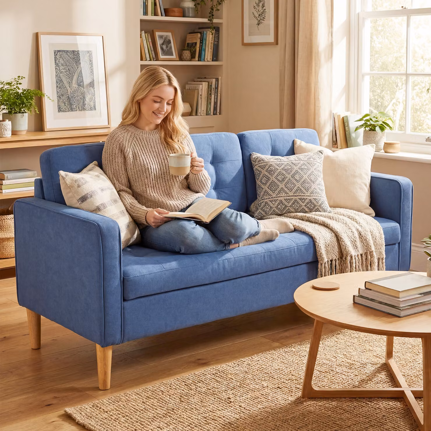 HOMCOM 3 Seater Blue Fabric Sofa with Hidden Storage and Wood Legs, W: 169 cm, H: 82 cm, D: 33.7 cm – 2