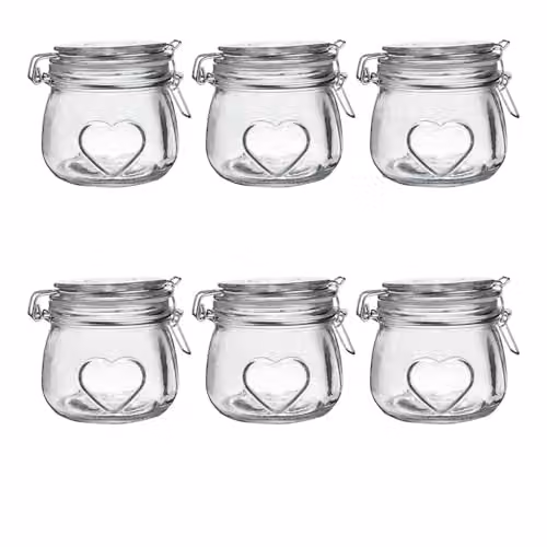 Nicola Spring Heart Shaped Glass Storage Jars with Airtight Clip Lid, 500ml, Pack of 6, Transparent