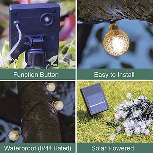 GardenKraft Solar Powered LED Outdoor Globe String Lights with 60 Warm White Spheres and 8 Light Modes, IP44 Weatherproof – 4