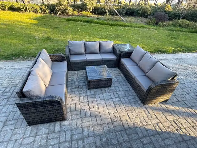 Fimous 9 Seater Rattan Garden Furniture Set with Square Coffee Table and Side Table in Dark Grey