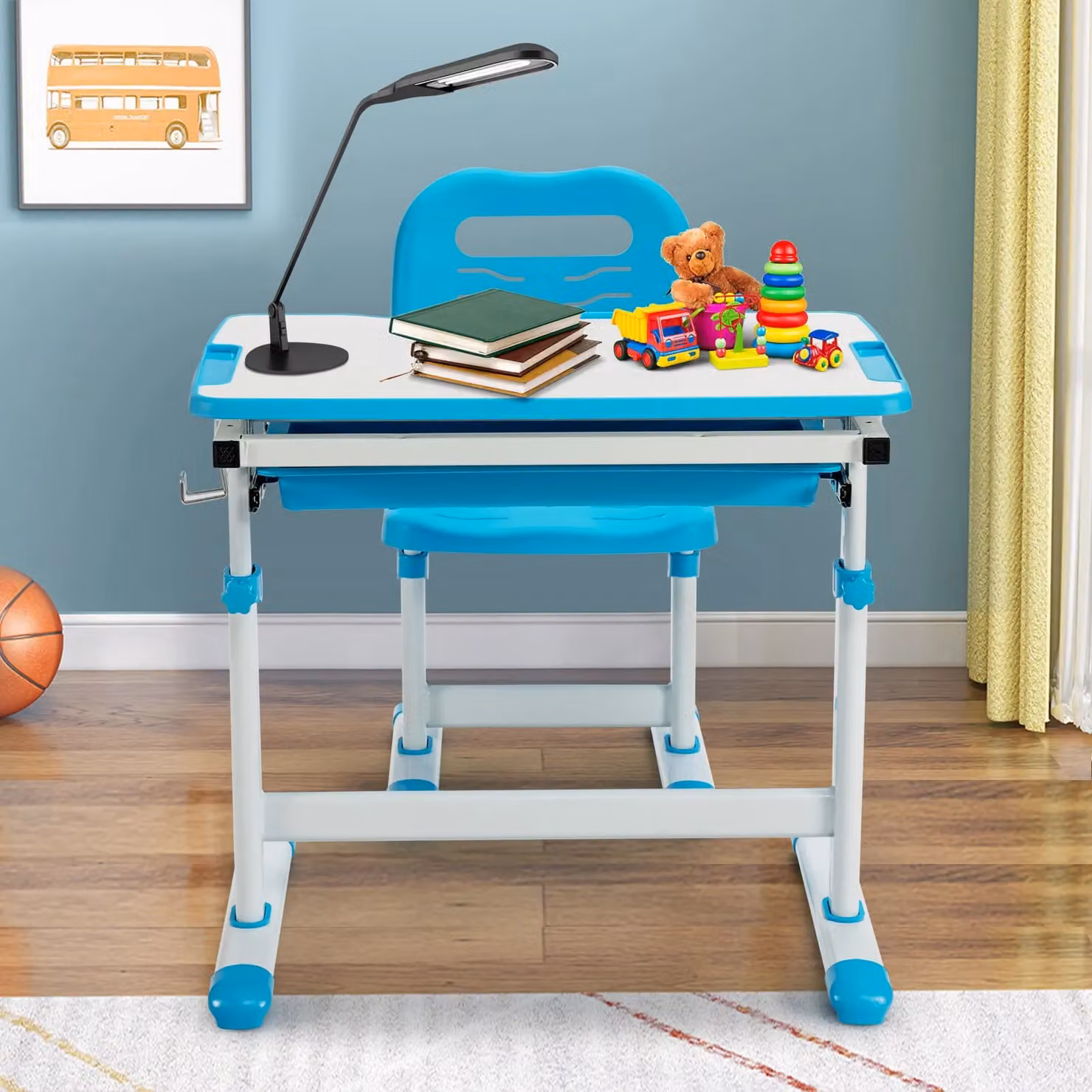 Gymax Kids Desk and Chair Set in Blue with Height Adjustable and Tilting Tabletop – 2