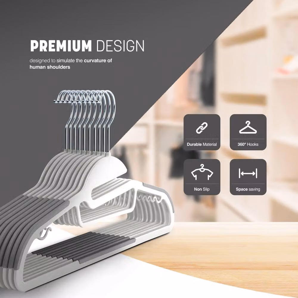 Keplin 50-Pack Non-Slip Space-Saving Plastic Hangers with 360 Degree Swivel Hook in White – 3