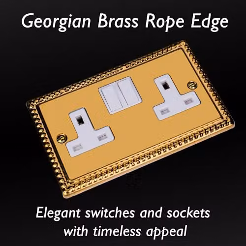 Varilight 2-Gang 13A Switched Flush Socket in Georgian Brass and White, H x W x D: 95 x 155 x 31 mm – 3