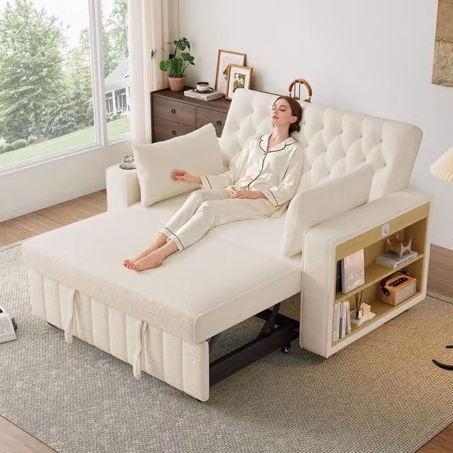 Rolipo Modern 3-in-1 Folding Sofa Bed with Storage, USB Charging and Cup Holder, Beige – 1