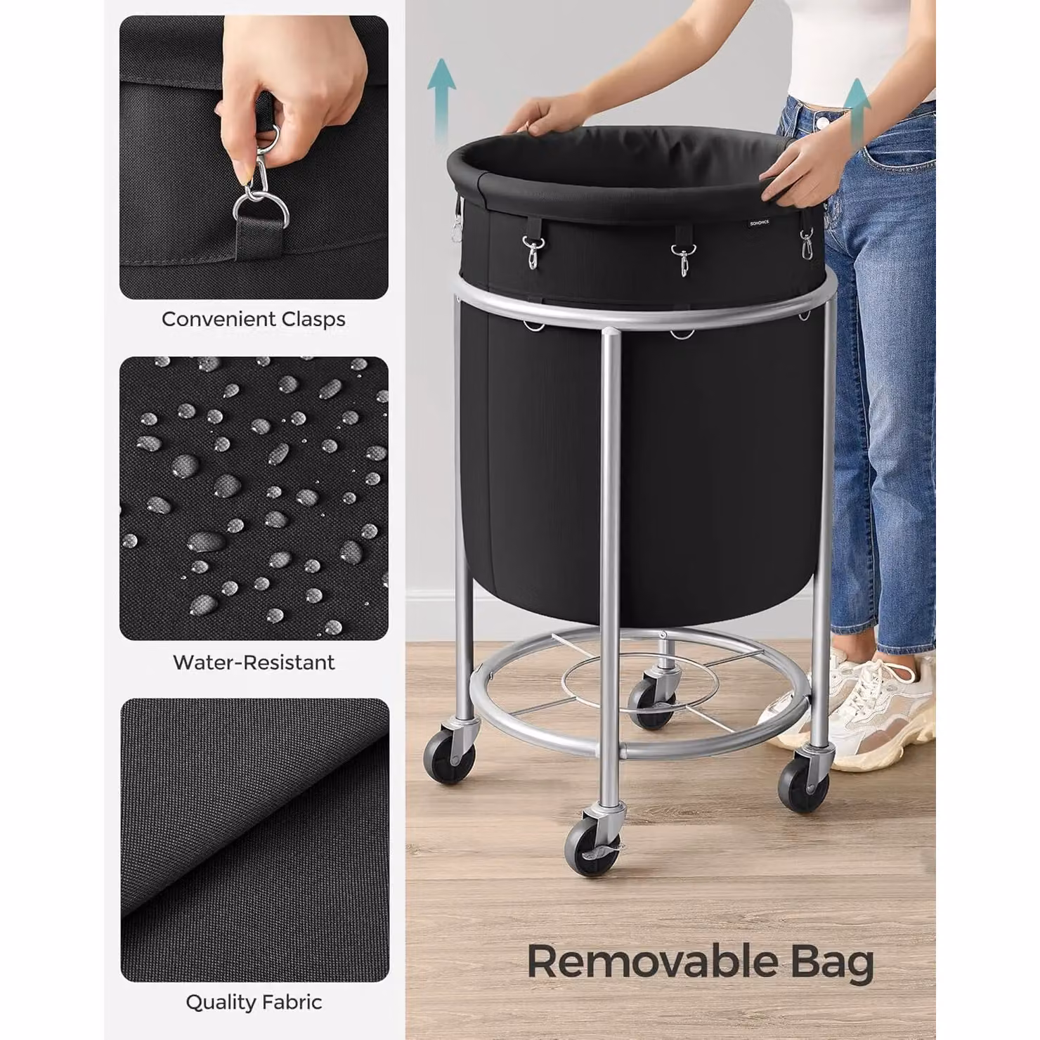 SONGMICS Mobile Washing Cart Laundry Hamper with Wheels and Removable Bag, Black – 4