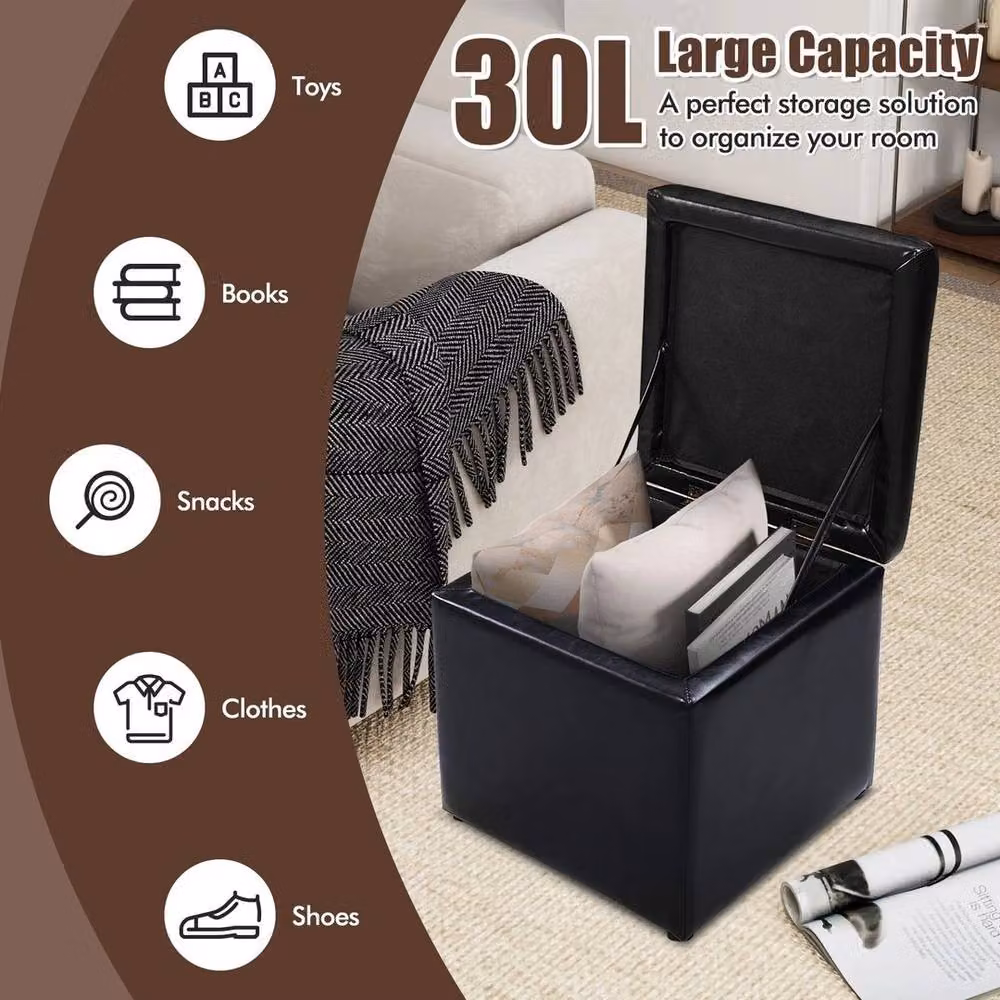KORVIXA Black Upholstered Storage Stool with Wooden Seat and Lid, W/D/H: 40 x 40 x 40 cm – 4