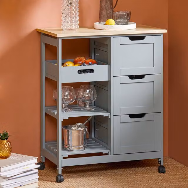 SoBuy Modern Kitchen Trolley with 3 Drawers and Removable Tray in Grey and White