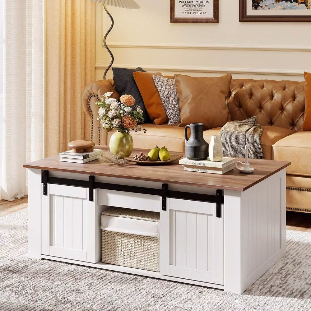 Costway White Farmhouse Lift Top Coffee Table with Storage Doors and Rustic Wood Finish, W: 120 cm, H: 48 cm – 3