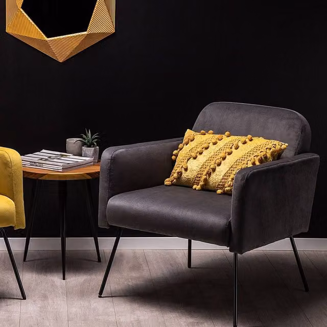 Wyld Haus Grey Velvet Armchair with Black Metal and Wood Legs – 1