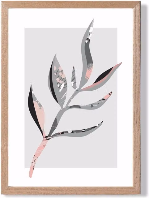 ARTZE Papyrus Leaf Grey and Pink Boho Botanical Framed Print with Oak Wood Frame, A4