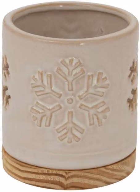 KDMD Alora Ceramic Snowflake Tealight Candle Holder with Wood Base in White and Beige