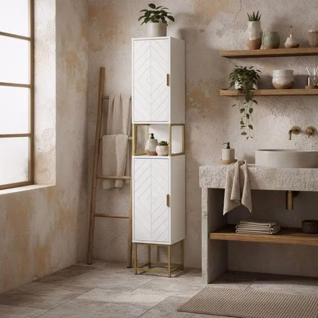 Wyld Haus Kacoel Tall Narrow Bathroom Storage Cabinet in White with Gold Tone Steel Base – 1