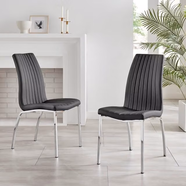 FurnitureboxUK Set of 2 Isco Deep Cushioned Soft Touch Faux Leather Dining Chairs with Silver Chrome Metal Legs in Black – 1
