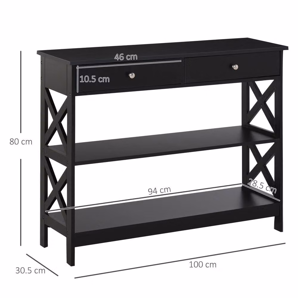 ERGOVEXA Modern Console Table with Shelves and Drawers, Black, W/D/H: 80.0 x 30.5 x 20.0 cm – 2