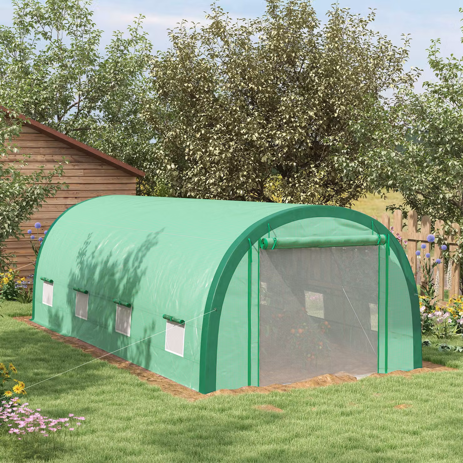 Outsunny Green Polytunnel Greenhouse with Upgraded Structure, Mesh Door, Windows and 15 Plant Labels, W: 6 m, D: 3 m – 5
