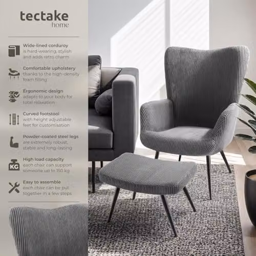 tectake Scandinavian Style Armchair with Footstool in Anthracite and Black Corduroy Fabric, W/D/H: 76.0 x 72.0 x 100.5 cm – 4