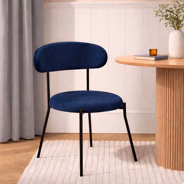 OHS Matte Velvet Accent Dining Chair with Padded Seat and Metal Legs in Navy Blue