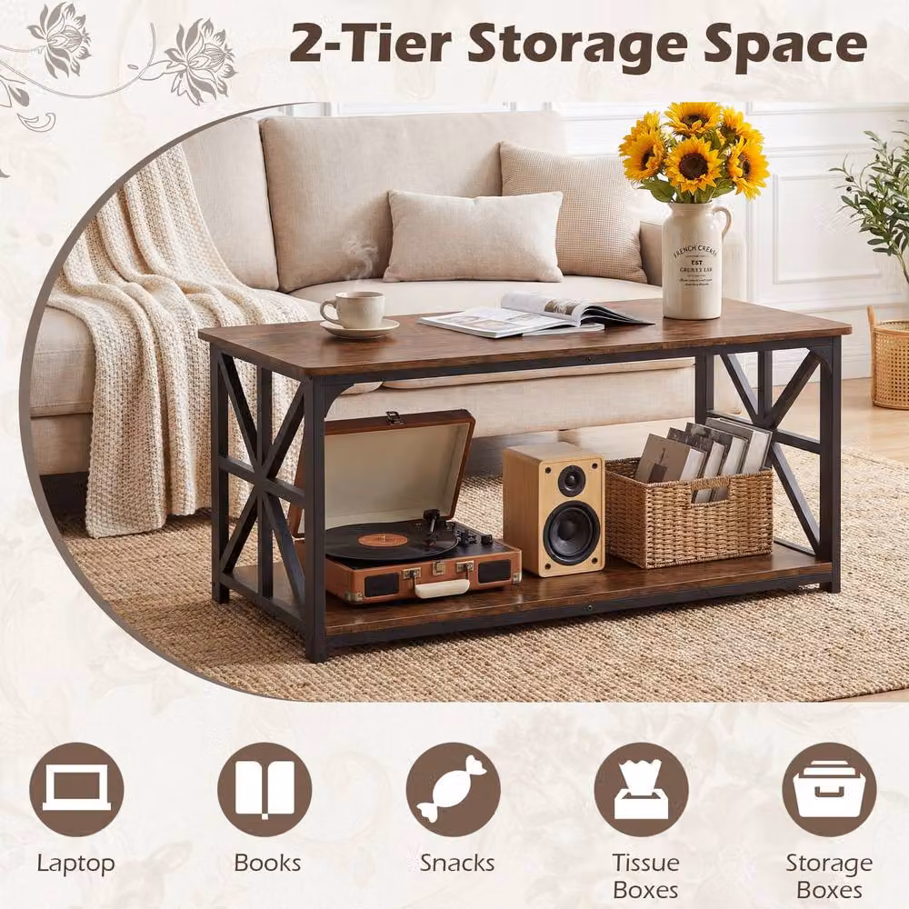 Gymax Industrial Farmhouse Coffee Table with 2-Tier Open Storage Shelf, Brown – 9