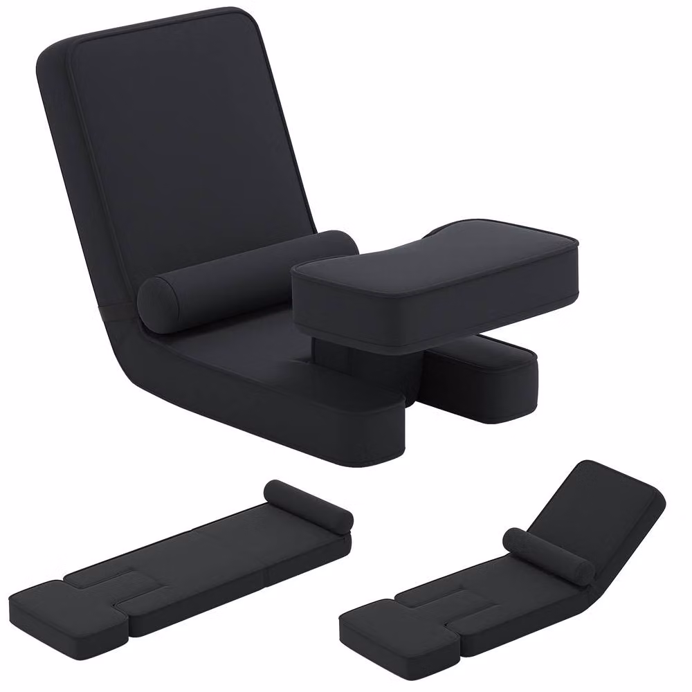 Gymax Adjustable Gaming Floor Chair with Tabletop, Black Upholstered Recliner Seat – 3