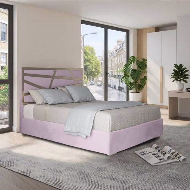 KDMD Frilford Super King Upholstered Soft Velvet Designer Bed Frame in Pink with Metal Accents, W/D/H: 200 x 200 cm – 1