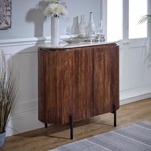 Indian Hub Opal Sideboard and Drinks Cabinet with Marble Top and Metal Legs in Brown, W: 100 cm, D: 40 cm, H: 90 cm – 2