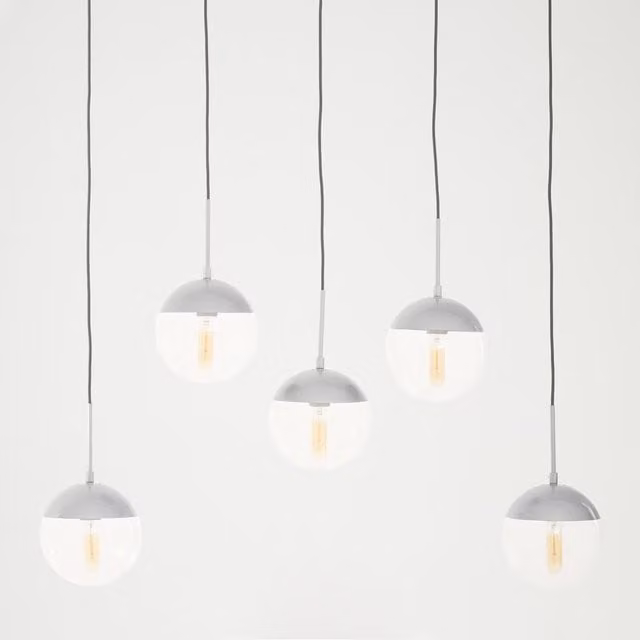 Orsina Industrial Chrome 5 Pendant Light with Adjustable Transparent Glass Spheres in Silver