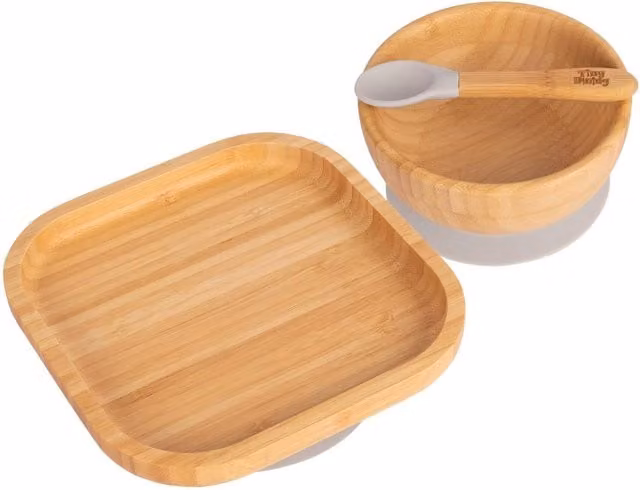 Tiny Dining Childrens Bamboo and Silicone Suction Square Dinner Set in Grey and Brown