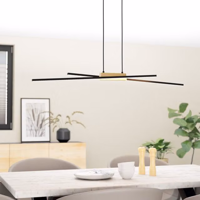 Eglo Panagria Modern Wood and Black Metal Suspended Pendant Light, Brown