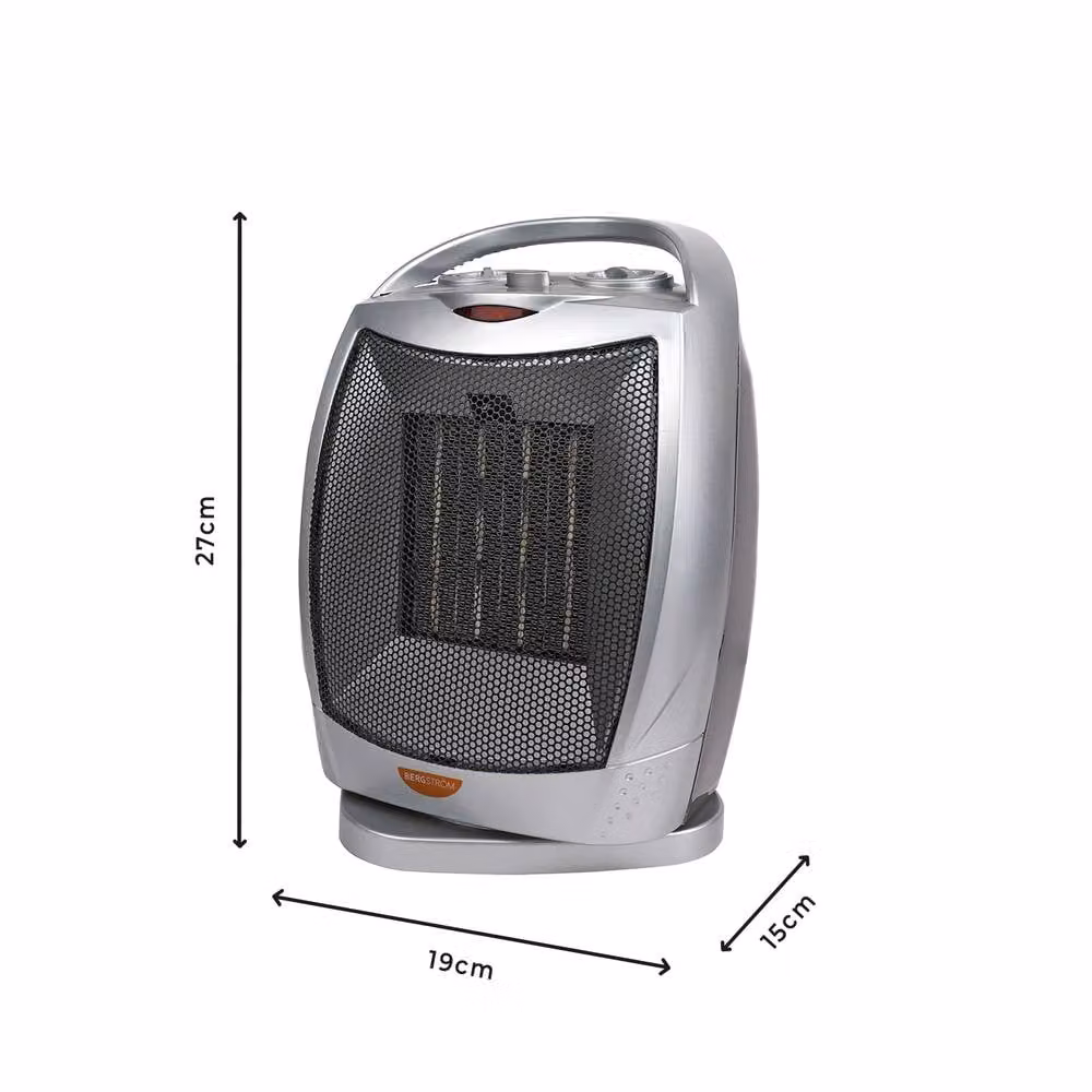 Bergstrom Silver Ceramic Fan Heater with Oscillation and Thermostat Control – 9