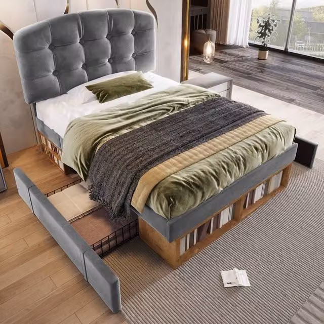 Merax Grey Velvet Upholstered Single Bed with Drawers, W/D/H: 90 x 190 x 101 cm – 1