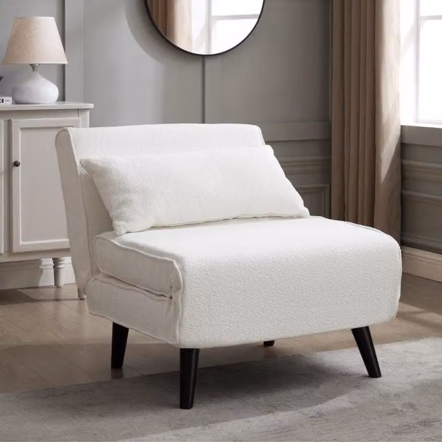 GRS Clover Modern White Bouclé and Cord Click-Clack Sofa Bed with Wood Details