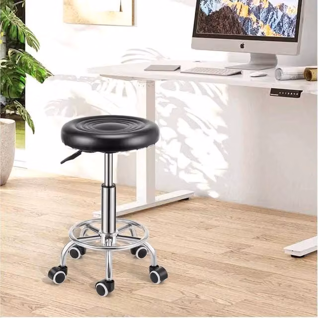 NESTLUNE Black Adjustable 360 Swivel Round Bar Stool with Synthetic Leather Seat, W/D/H: 60 x 60 x 100 cm – 1