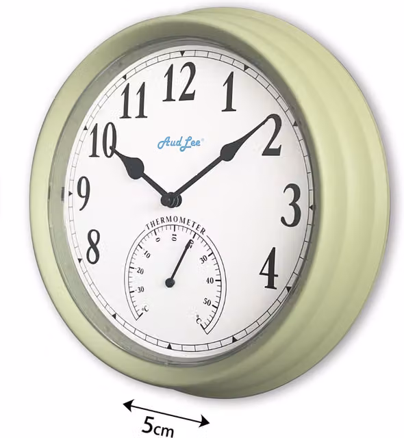 Pololio Modern Round Analog Wall Clock with Thermometer in Pastel Green and Yellow