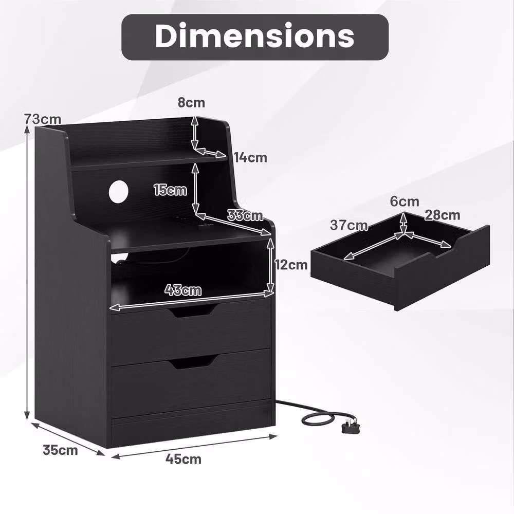 Costway Modern 2-Drawer LED Nightstand with Charging Station in Black – 8