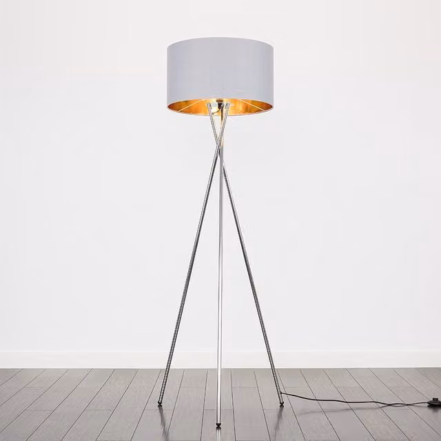 ValueLights Camden Chrome Tripod Floor Lamp with Metallic Inner Shade and Bulb in Gold and Chrome